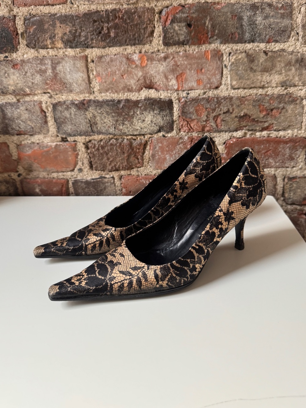 Bettye Muller Nude Black Lace-Overlay Pointed Toe Pumps